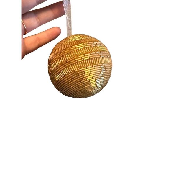 Gold Beaded Round Ball Holiday Christmas Ornament - Picture 4 of 4